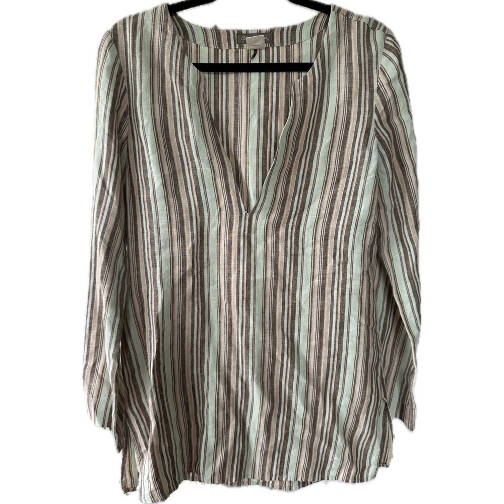 Tommy Bahama 100% Linen Mint Chocolate Chip Stripe Split Neck Tunic Top S
